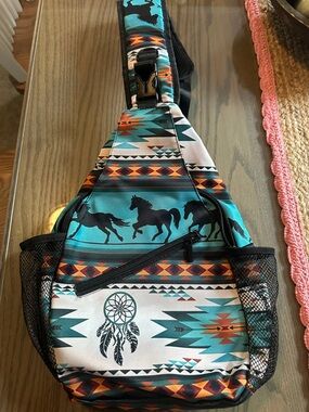 Turquoise Aztec Horse Print Crossbody Sling Bag - Unbranded